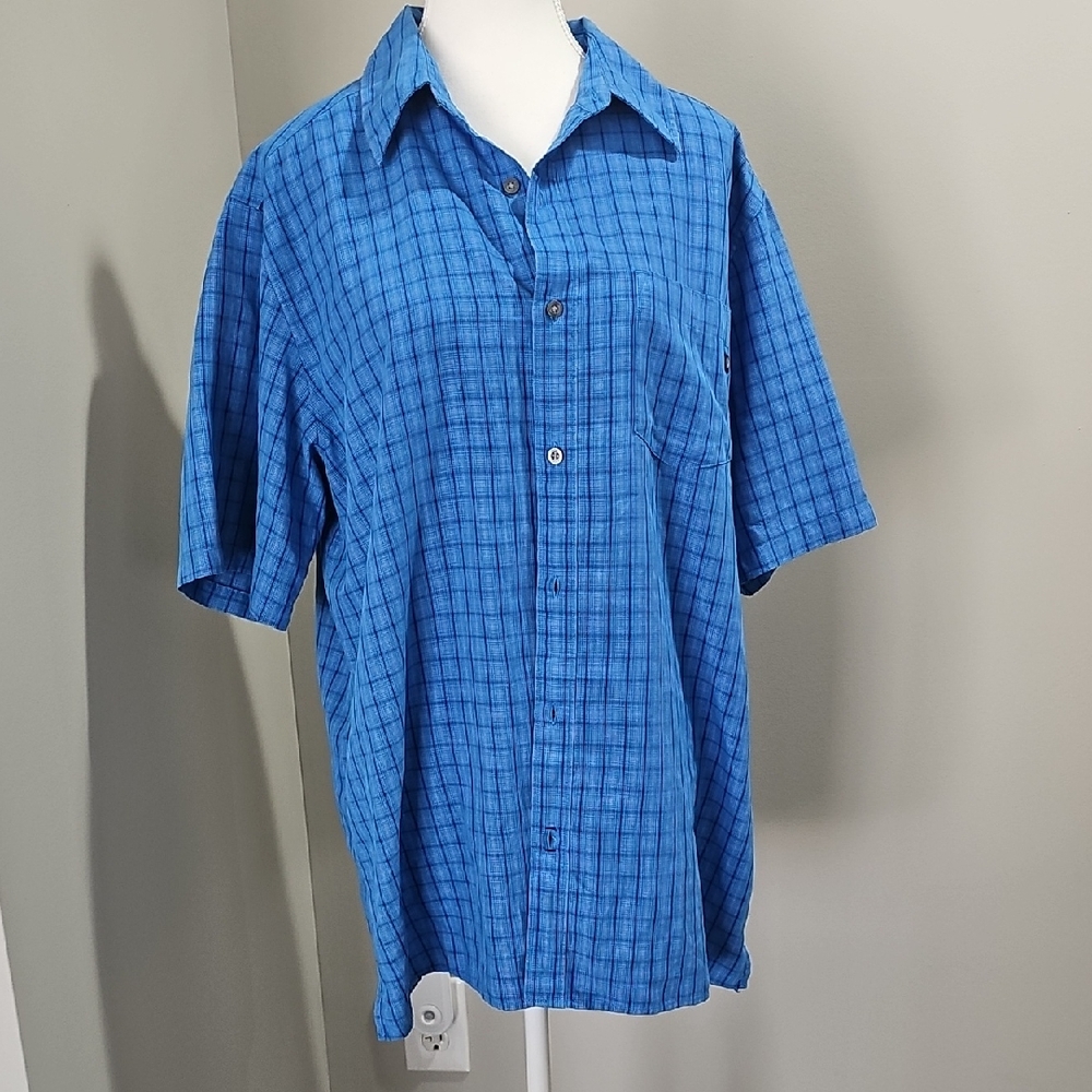 Marmot Men's Button Front Short Sleeve Navy Blue Black Plaid Outdoor Shirt XL
